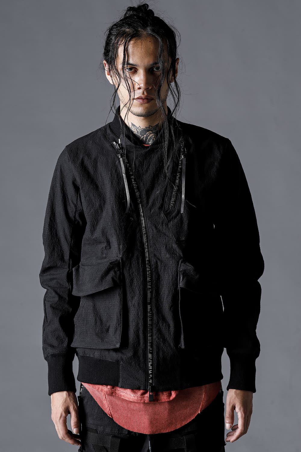 Dimple Washer Cotton Stretch Ripstop Bomber Jacket Black