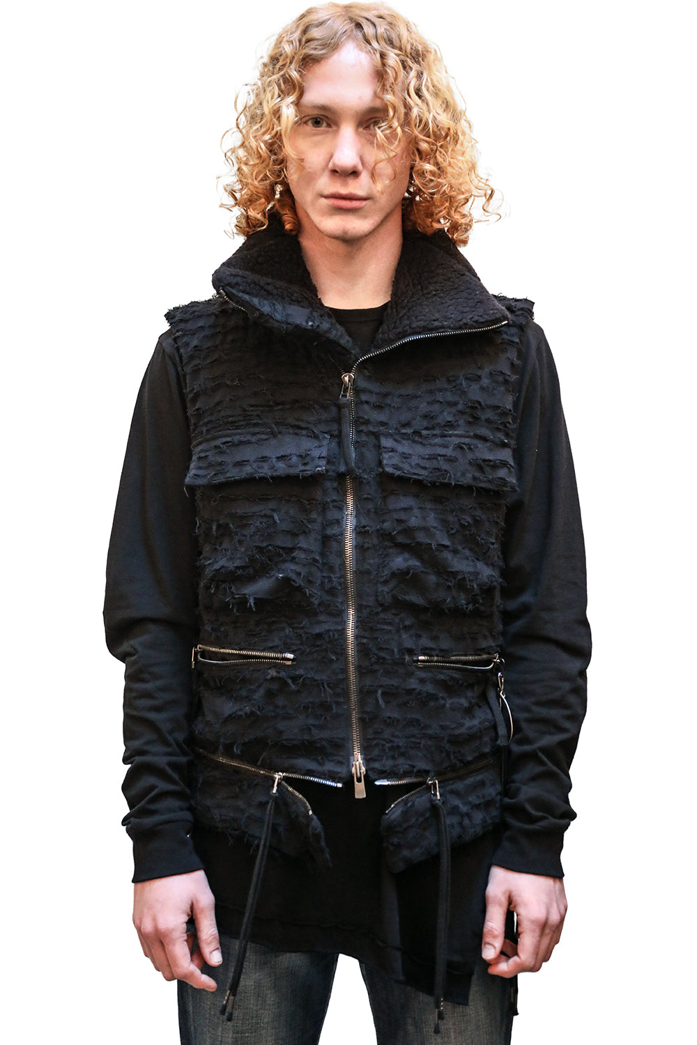 Cotton Viera Damaged Quilt High Neck Down Vest Black