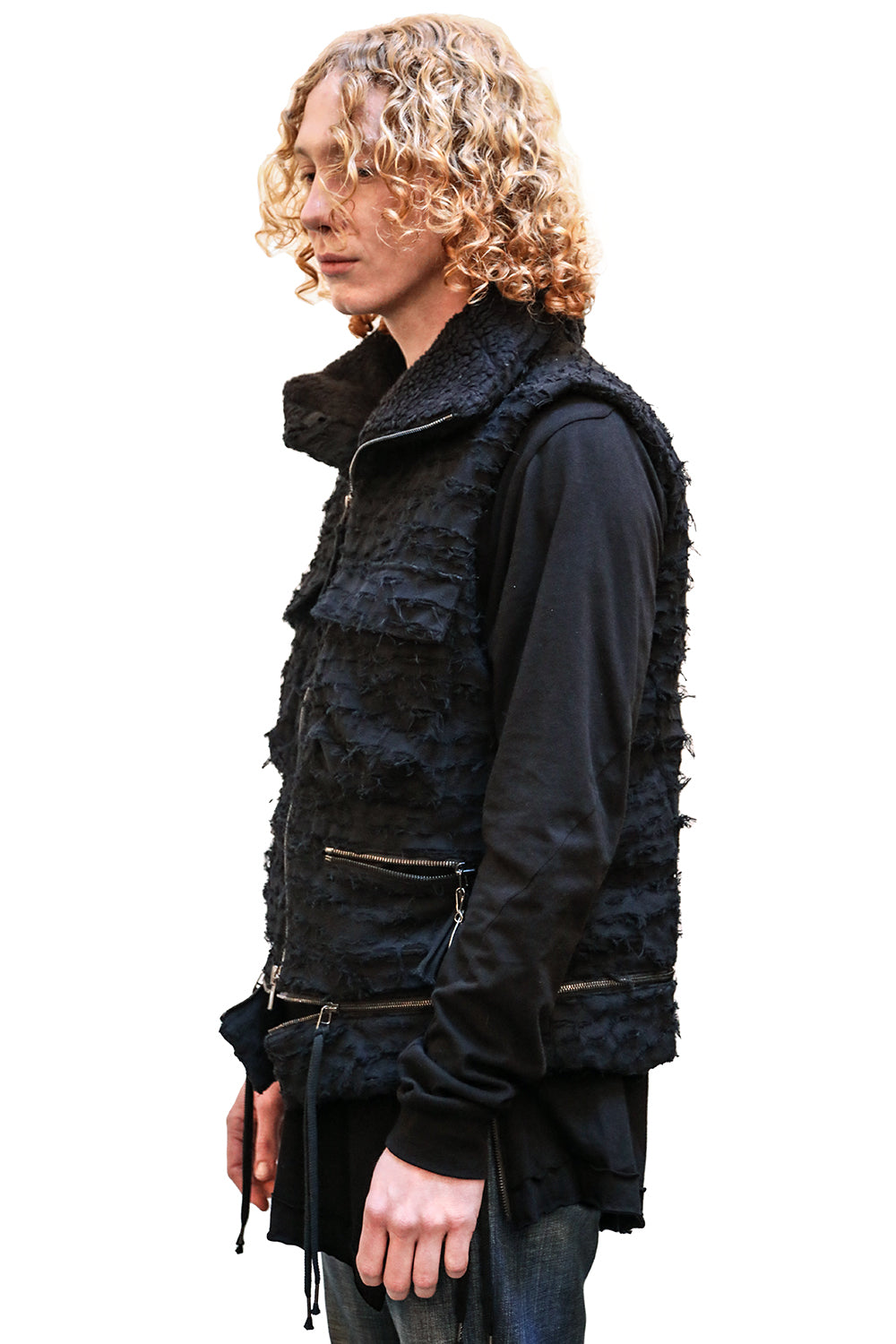 Cotton Viera Damaged Quilt High Neck Down Vest Black