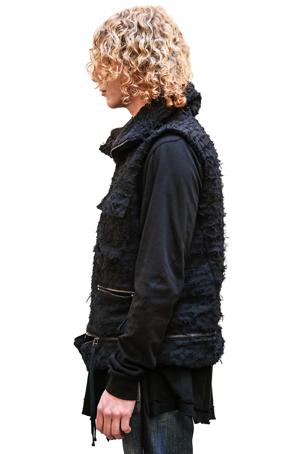 Cotton Viera Damaged Quilt High Neck Down Vest Black