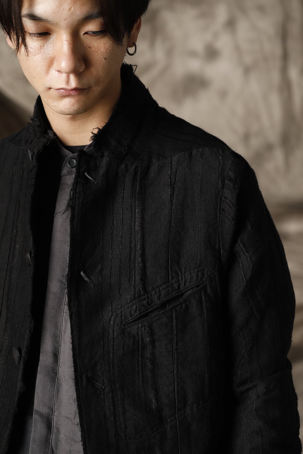 リネン×レーヨンジャガードストライプジャケット Black