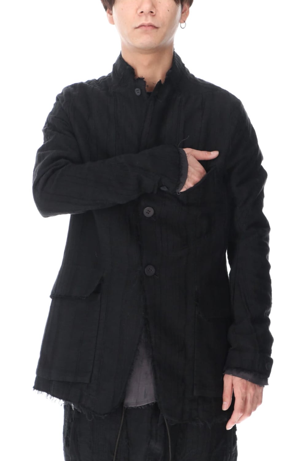 リネン×レーヨンジャガードストライプジャケット Black