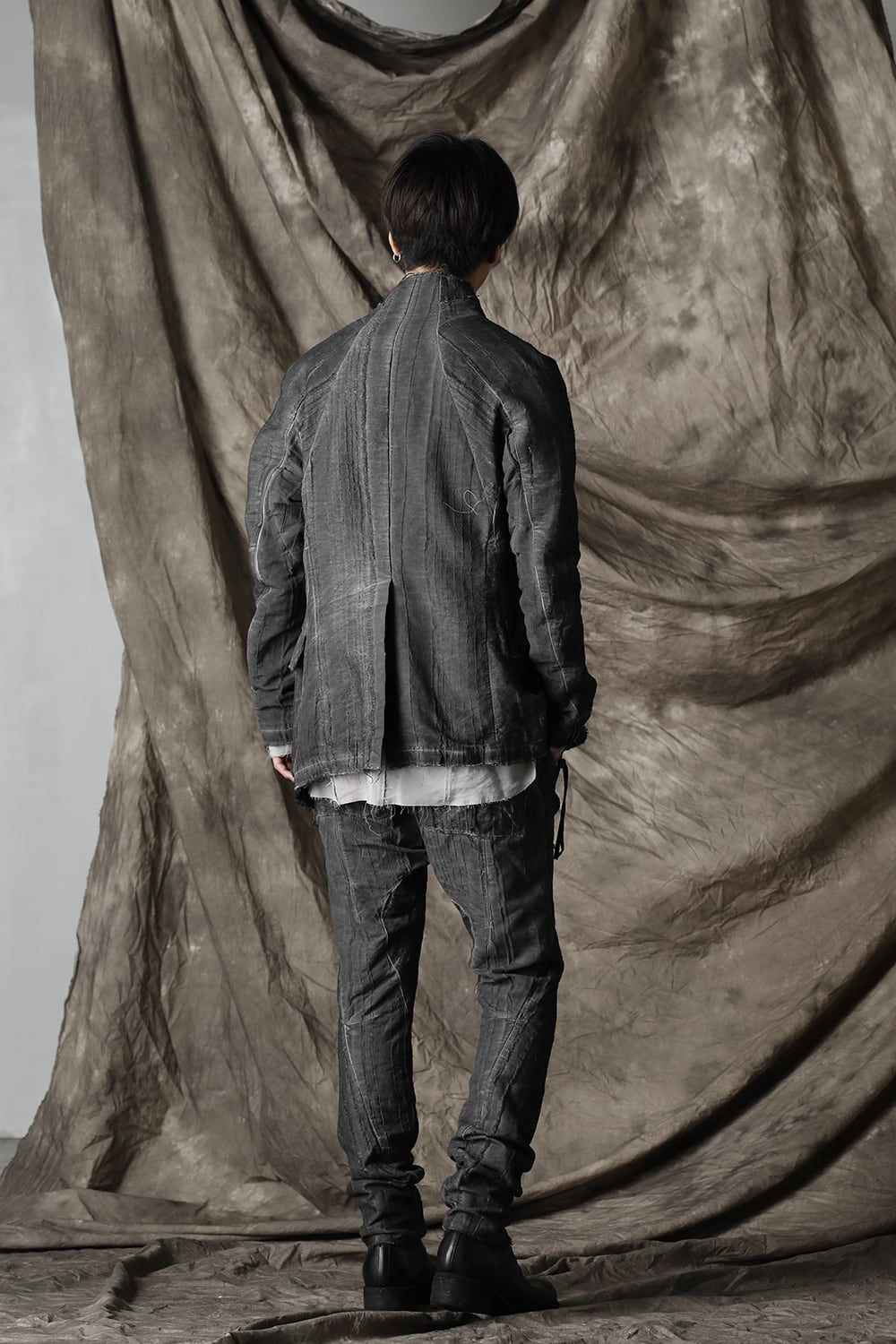 Linen and rayon jacquard stripe drop-crotch slim pants Charcoal