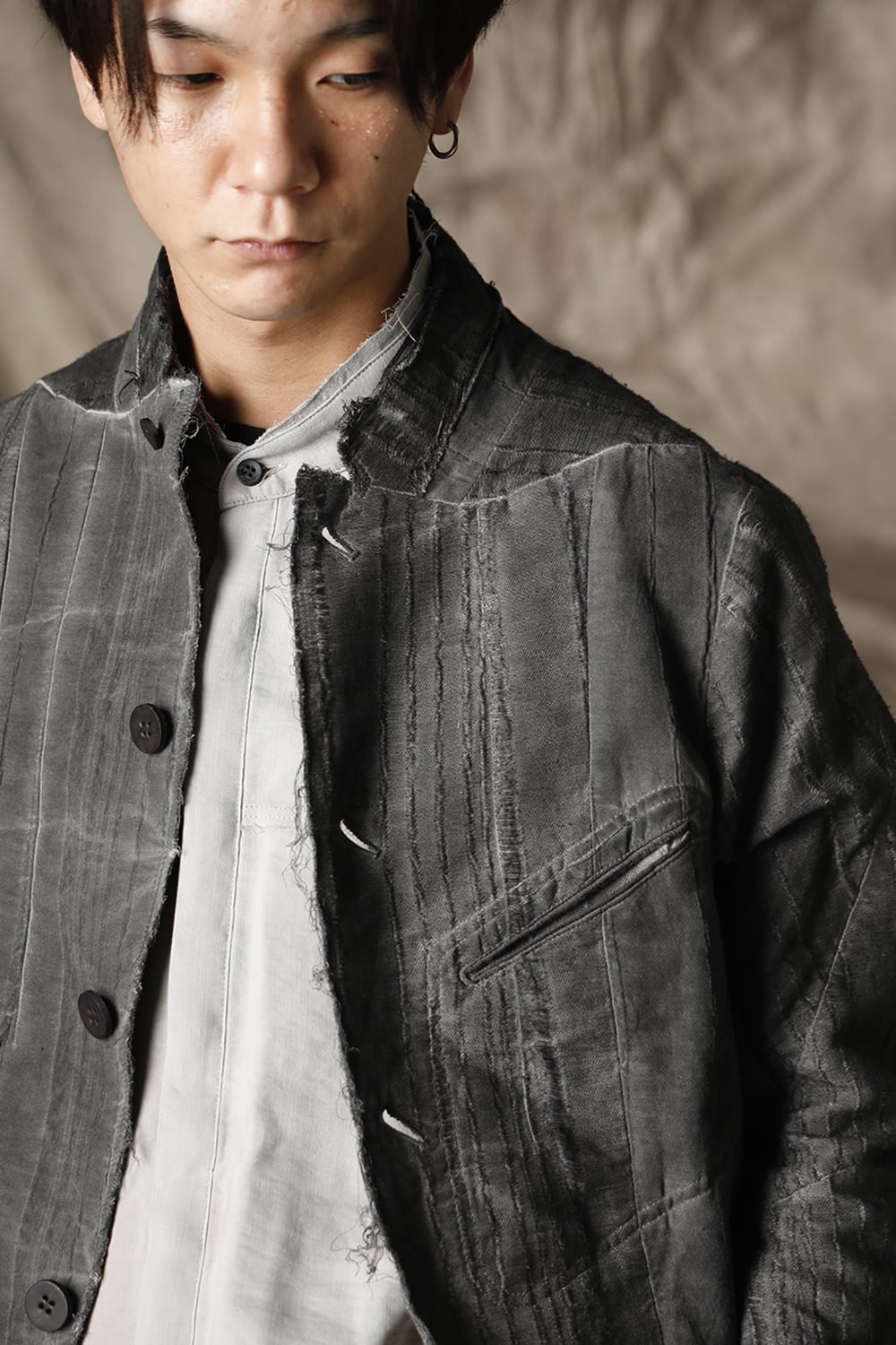 リネン×レーヨンジャガードストライプジャケット Charcoal