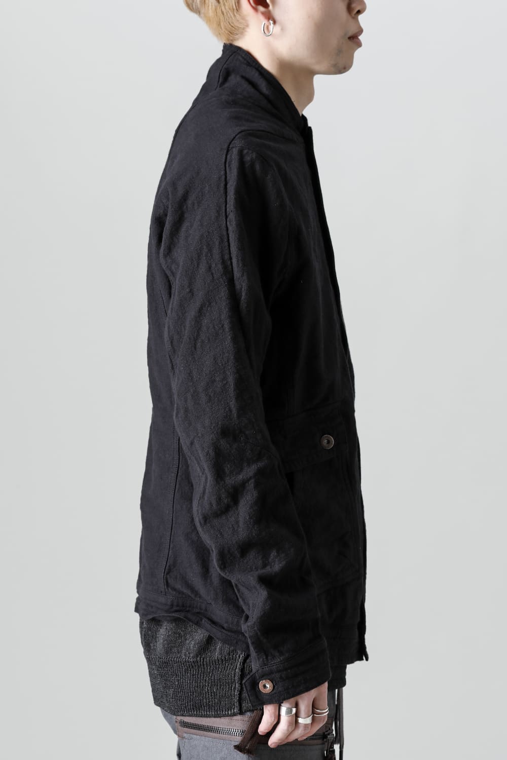 Random Dimple Stretch Cotton×Linen Worker Jacket  Black