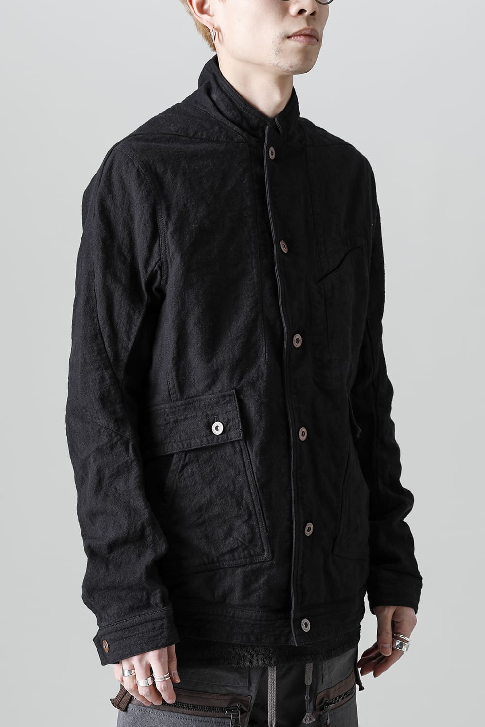 Random Dimple Stretch Cotton×Linen Worker Jacket  Black