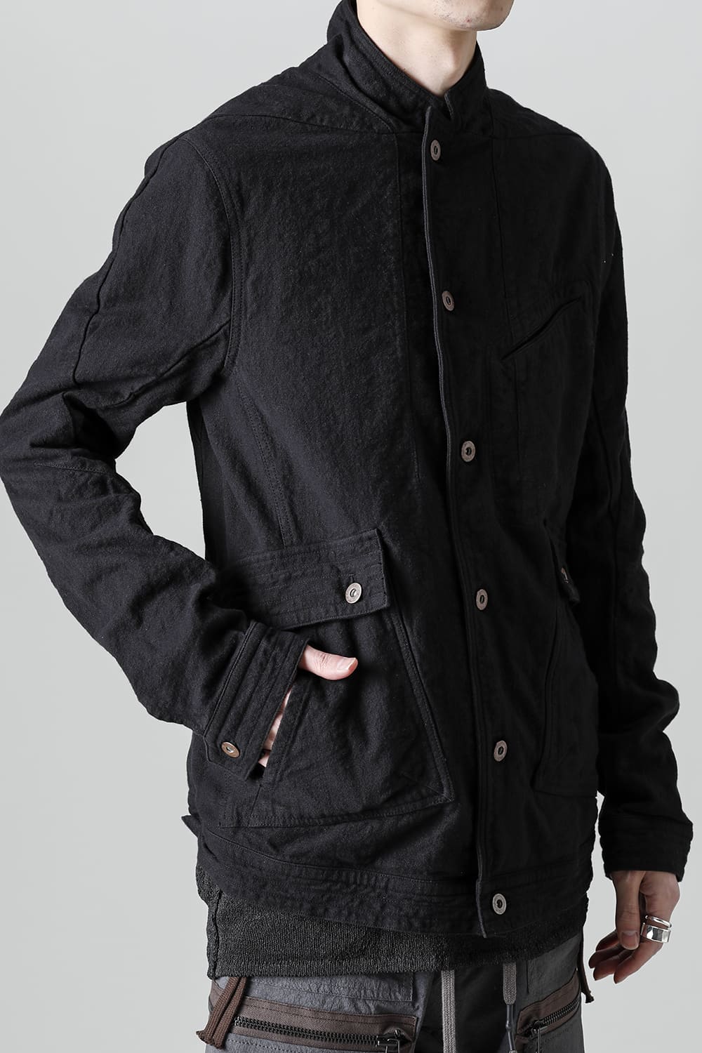Random Dimple Stretch Cotton×Linen Worker Jacket  Black