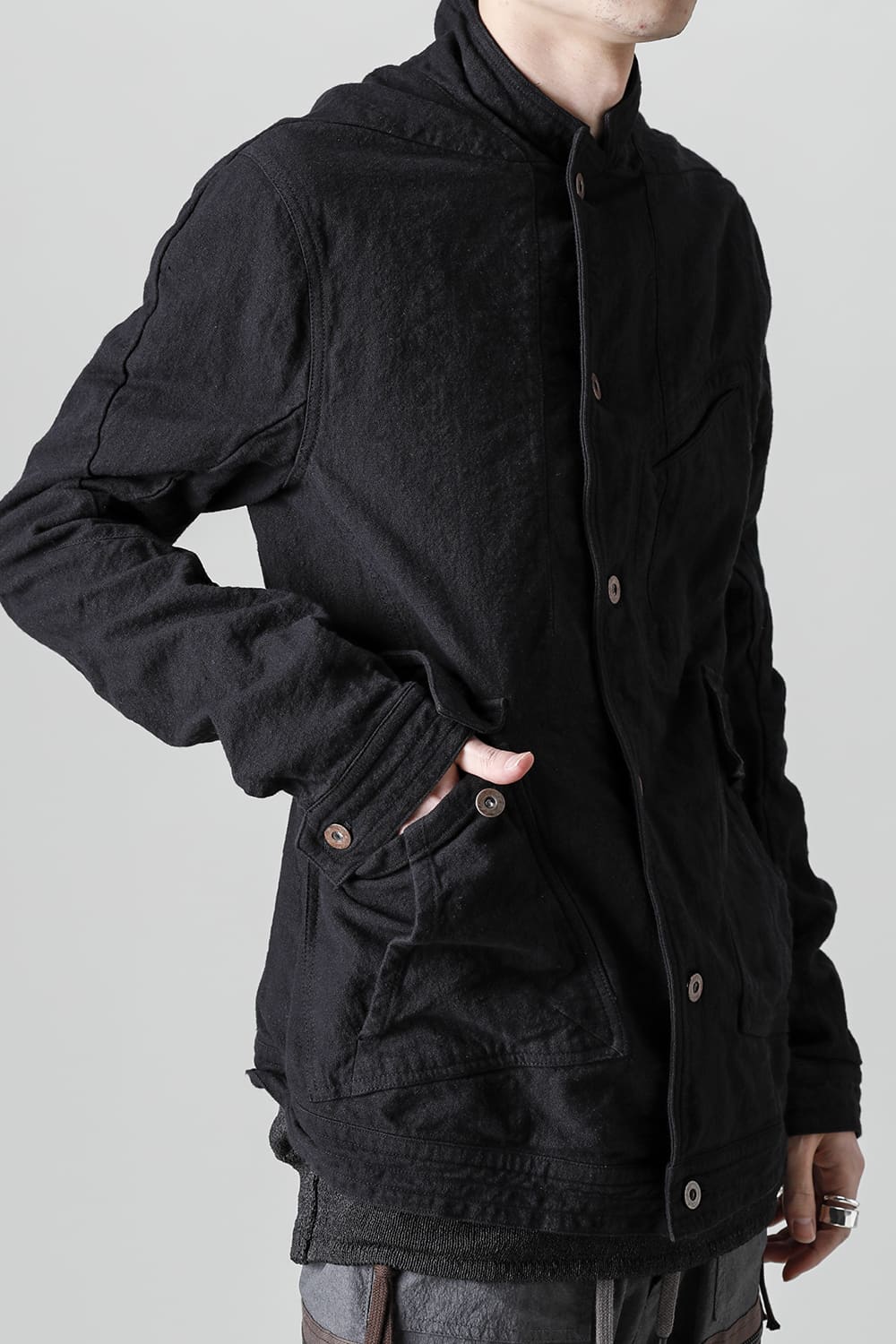 Random Dimple Stretch Cotton×Linen Worker Jacket  Black