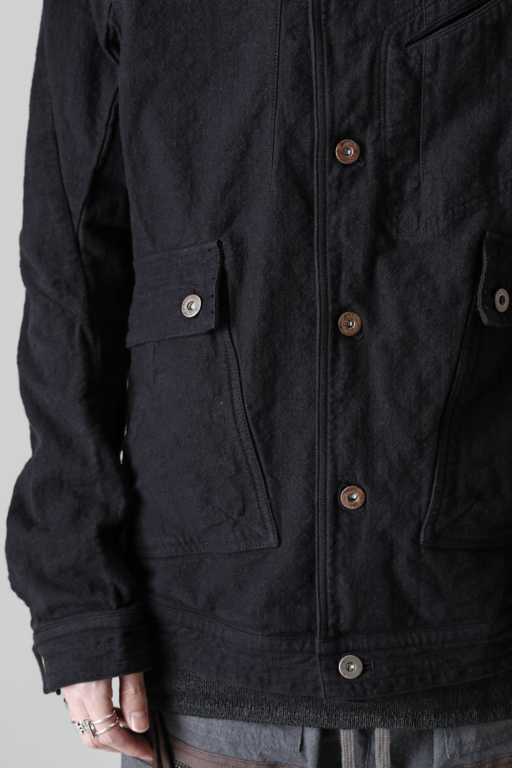 Random Dimple Stretch Cotton×Linen Worker Jacket  Black