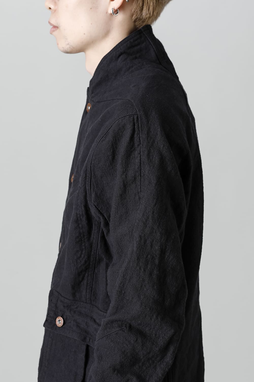 Random Dimple Stretch Cotton×Linen Worker Jacket  Black