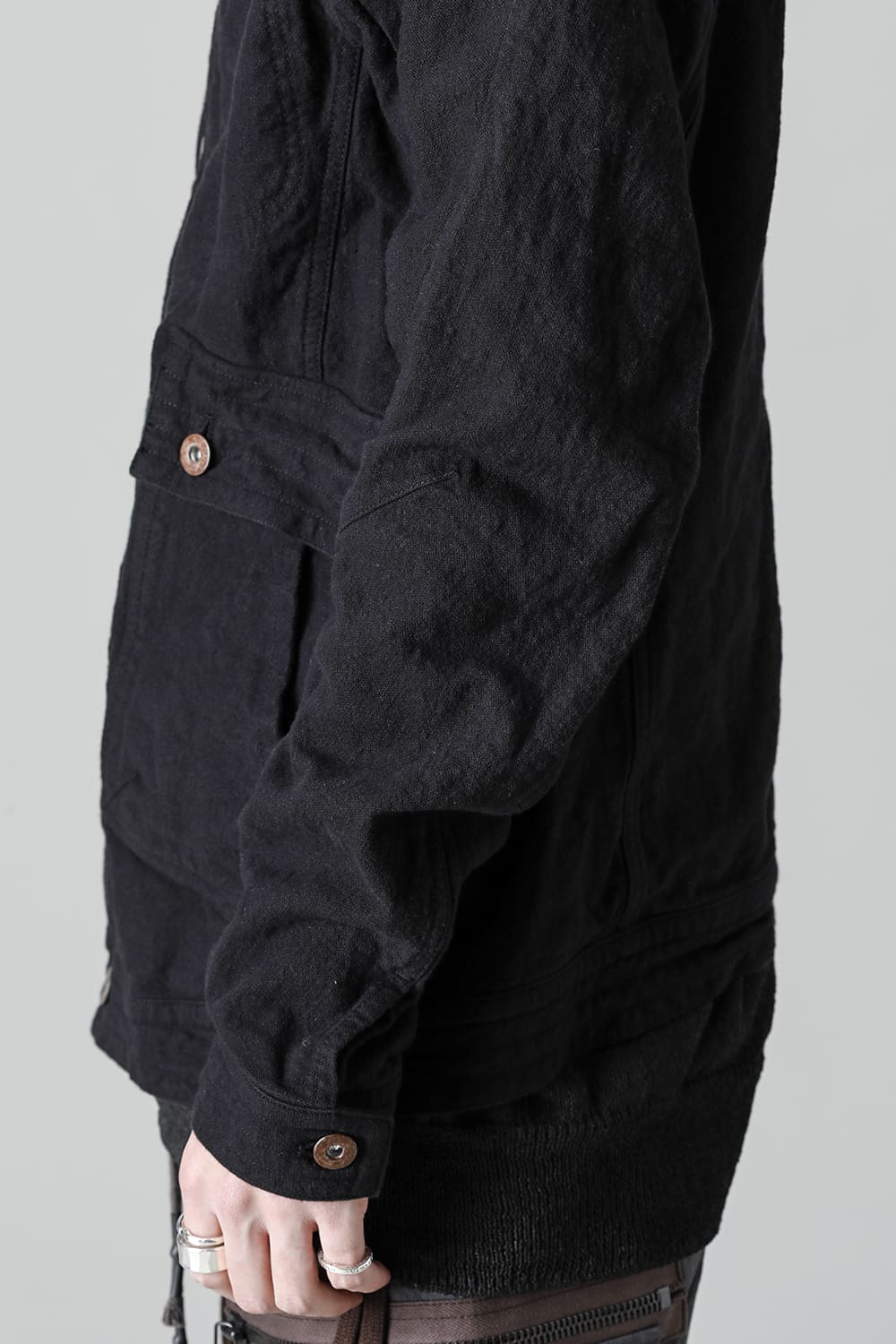 Random Dimple Stretch Cotton×Linen Worker Jacket  Black
