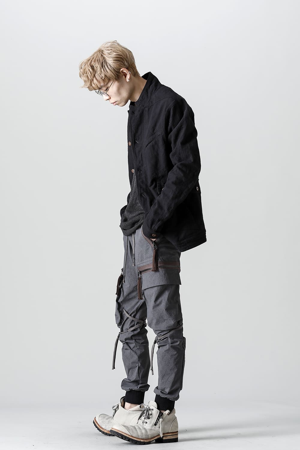 Random Dimple Stretch Cotton×Linen Worker Jacket  Black