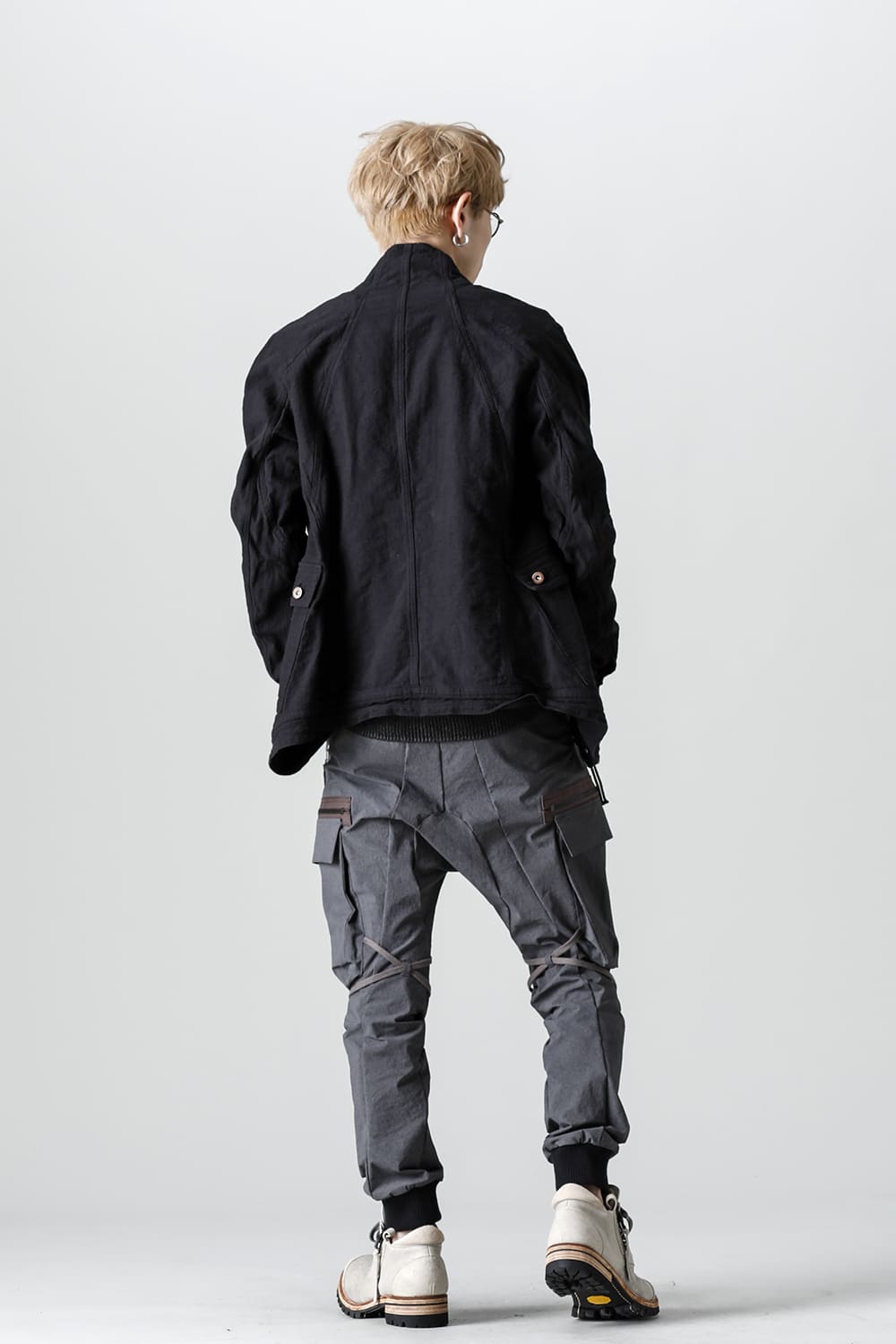 Random Dimple Stretch Cotton×Linen Worker Jacket  Black