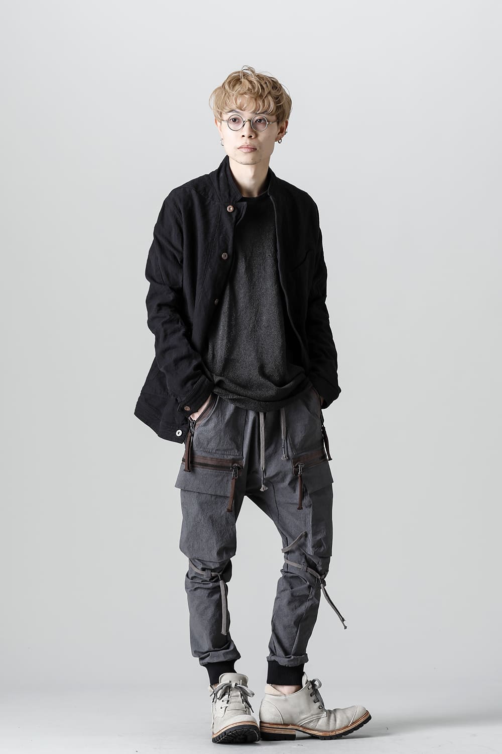 Random Dimple Stretch Cotton×Linen Worker Jacket  Black