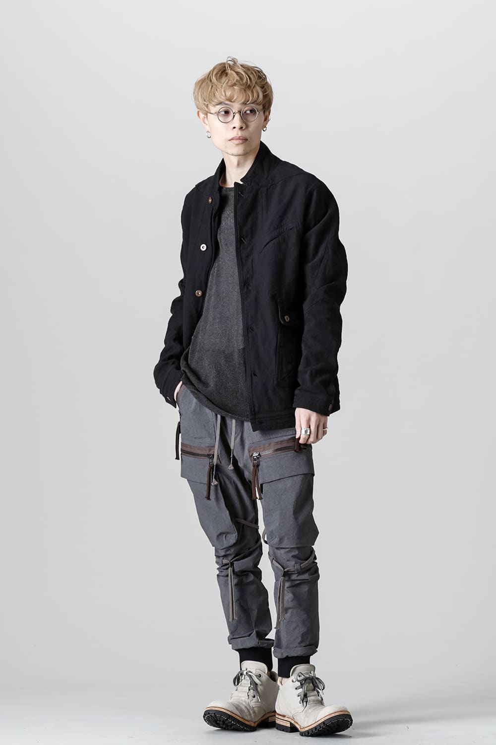 Random Dimple Stretch Cotton×Linen Worker Jacket  Black