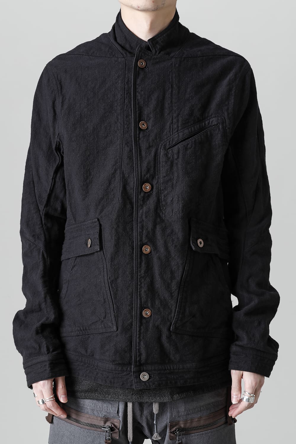 Random Dimple Stretch Cotton×Linen Worker Jacket  Black