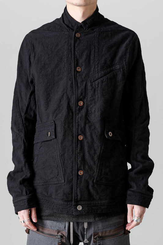 Random Dimple Stretch Cotton×Linen Worker Jacket  Black