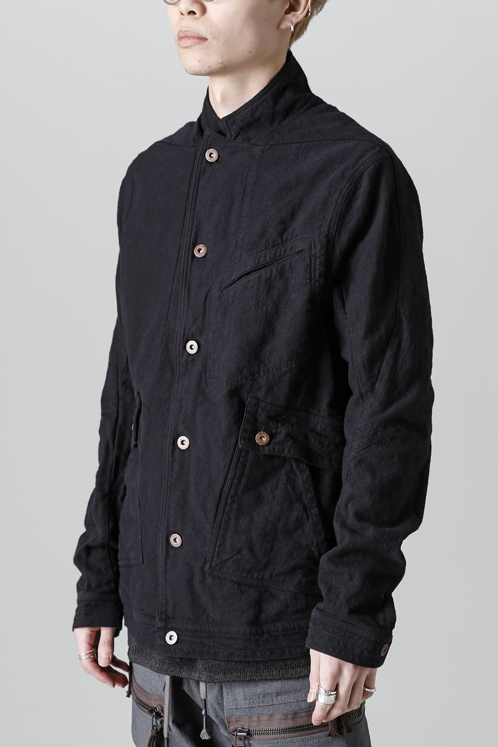 Random Dimple Stretch Cotton×Linen Worker Jacket  Black