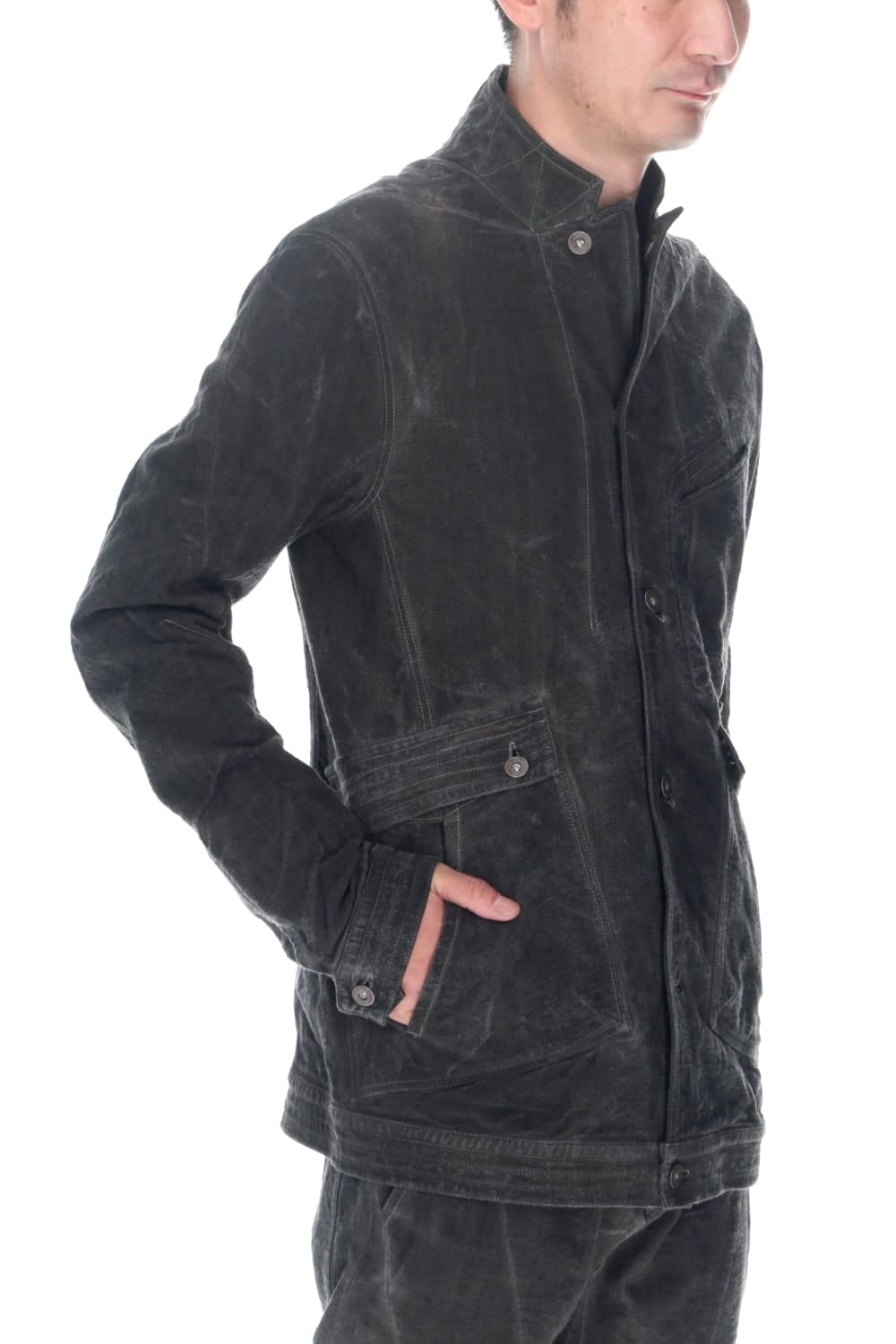 コットン×リネンランダムディンプルストレッチワーカージャケット  チャコール