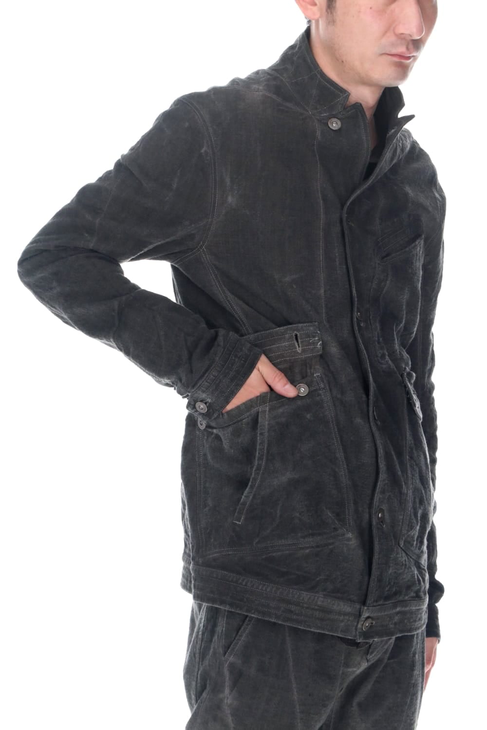 コットン×リネンランダムディンプルストレッチワーカージャケット  チャコール