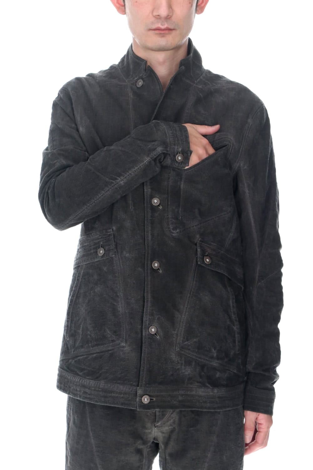 コットン×リネンランダムディンプルストレッチワーカージャケット  チャコール