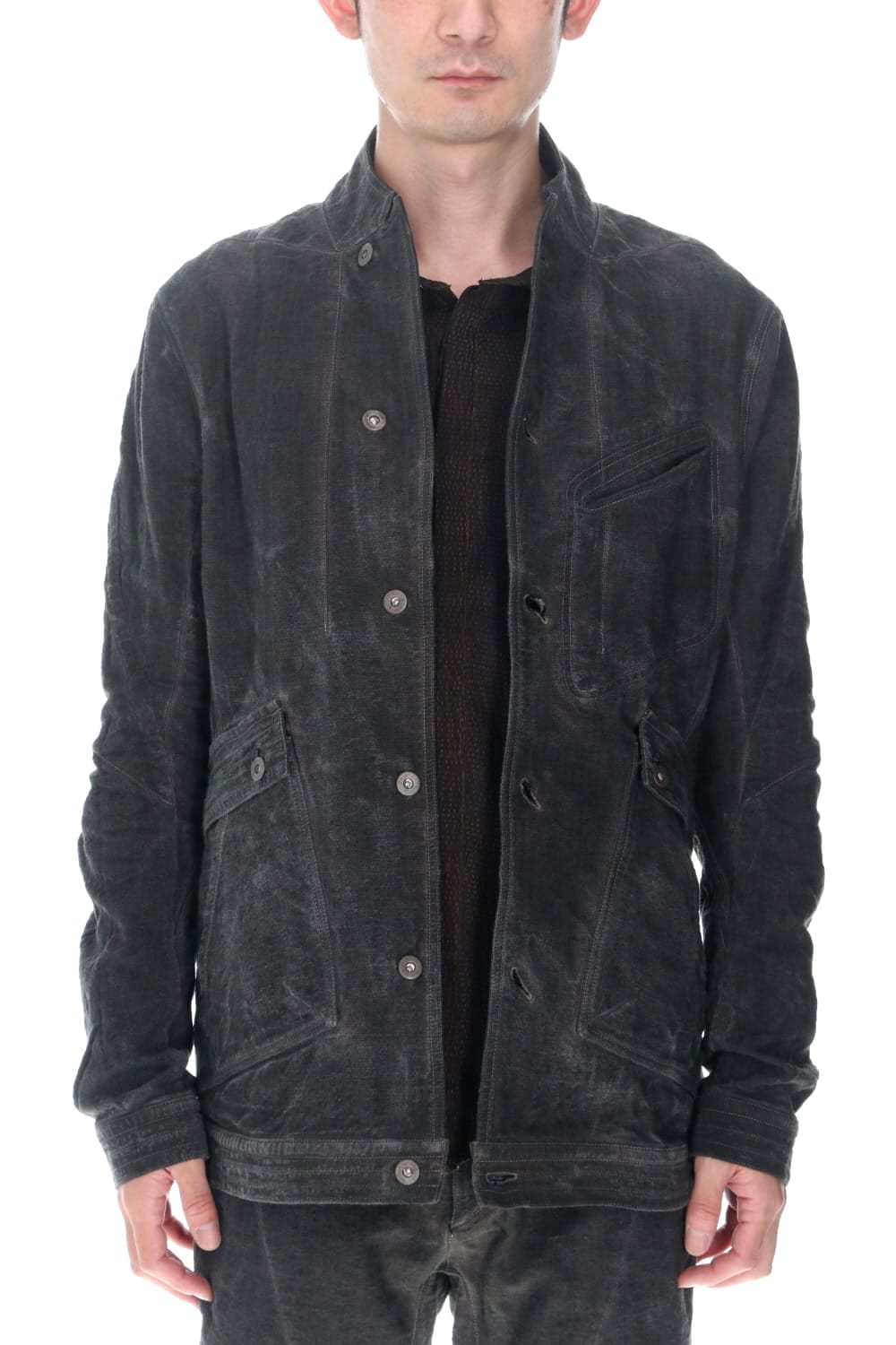 コットン×リネンランダムディンプルストレッチワーカージャケット  チャコール