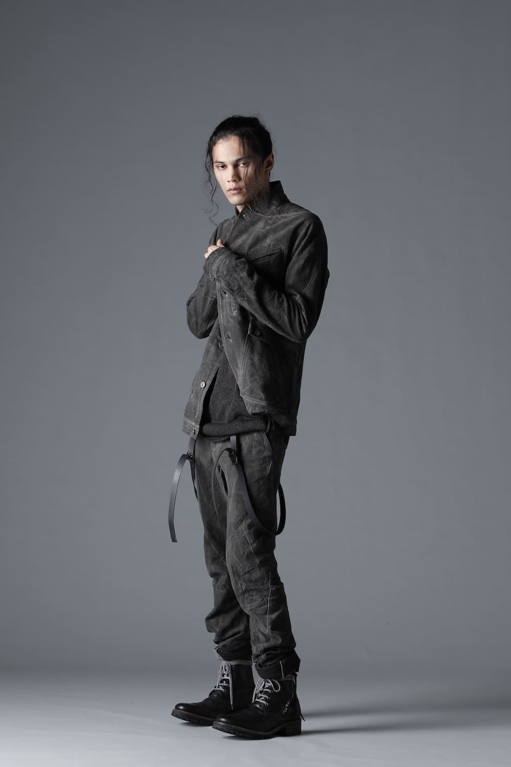 コットン×リネンランダムディンプルストレッチワーカージャケット  チャコール