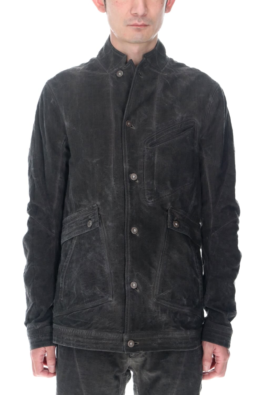 コットン×リネンランダムディンプルストレッチワーカージャケット  チャコール