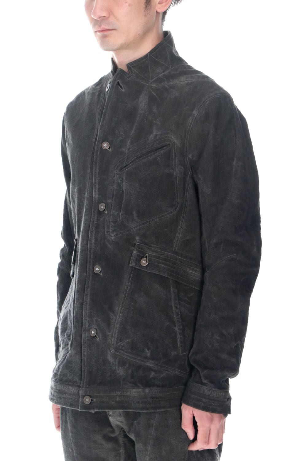 コットン×リネンランダムディンプルストレッチワーカージャケット  チャコール