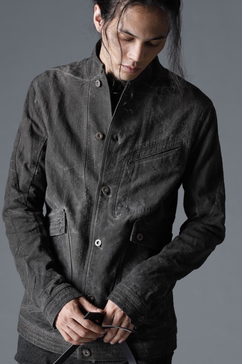 コットン×リネンランダムディンプルストレッチワーカージャケット  マッドブラウン