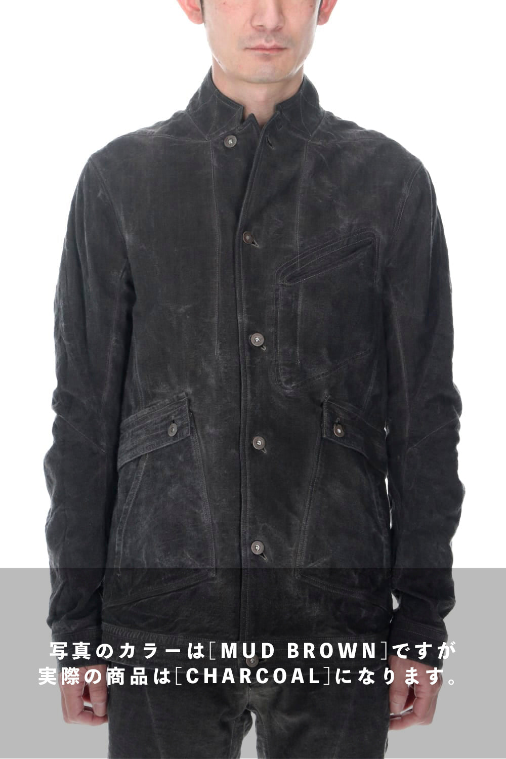 コットン×リネンランダムディンプルストレッチワーカージャケット  チャコール