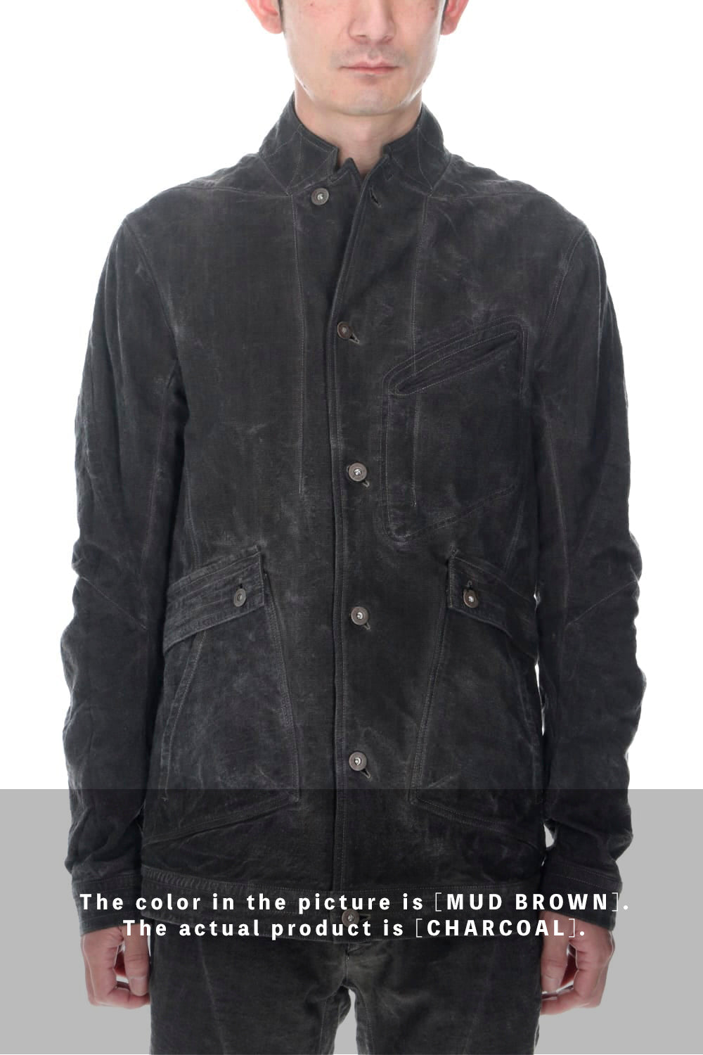 コットン×リネンランダムディンプルストレッチワーカージャケット  チャコール