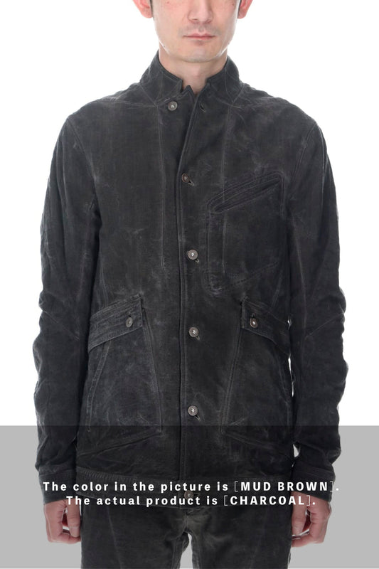 コットン×リネンランダムディンプルストレッチワーカージャケット  チャコール