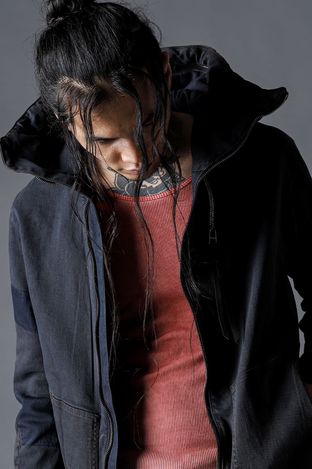 Mud-Finished 8Oz Light Stretch Denim Hooded Jacket Mud Indigo Brown