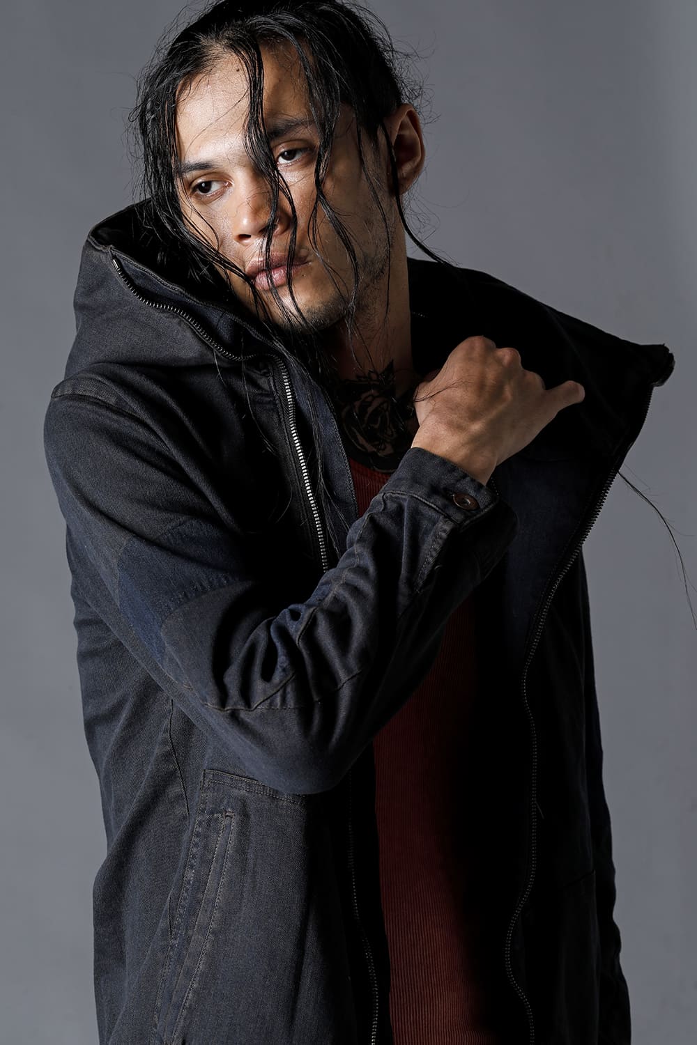 Mud-Finished 8Oz Light Stretch Denim Hooded Jacket Mud Indigo Brown