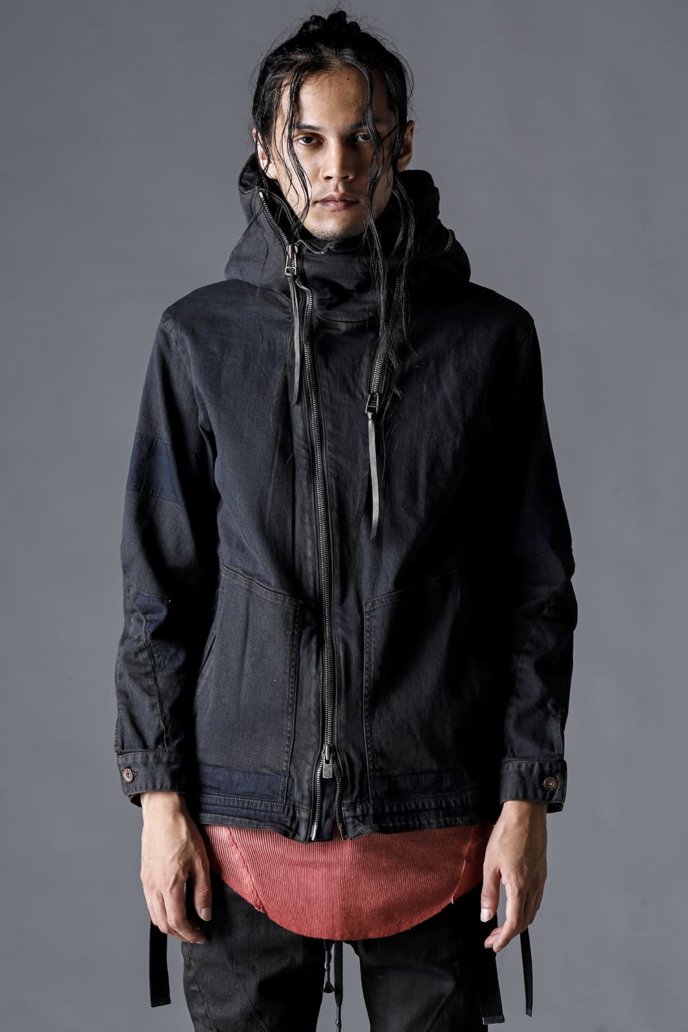 Mud-Finished 8Oz Light Stretch Denim Hooded Jacket Mud Indigo Brown