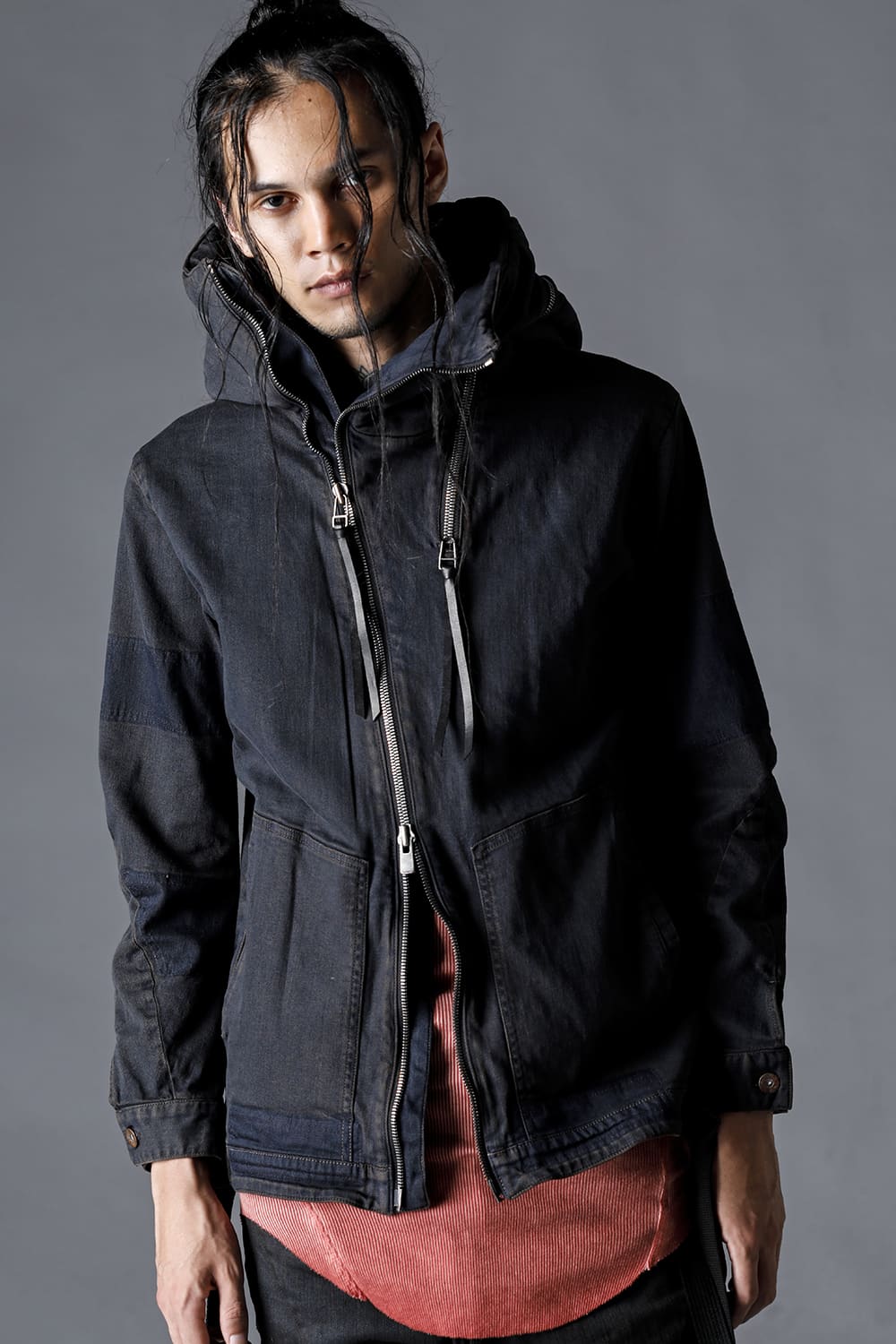 Mud-Finished 8Oz Light Stretch Denim Hooded Jacket Mud Indigo Brown