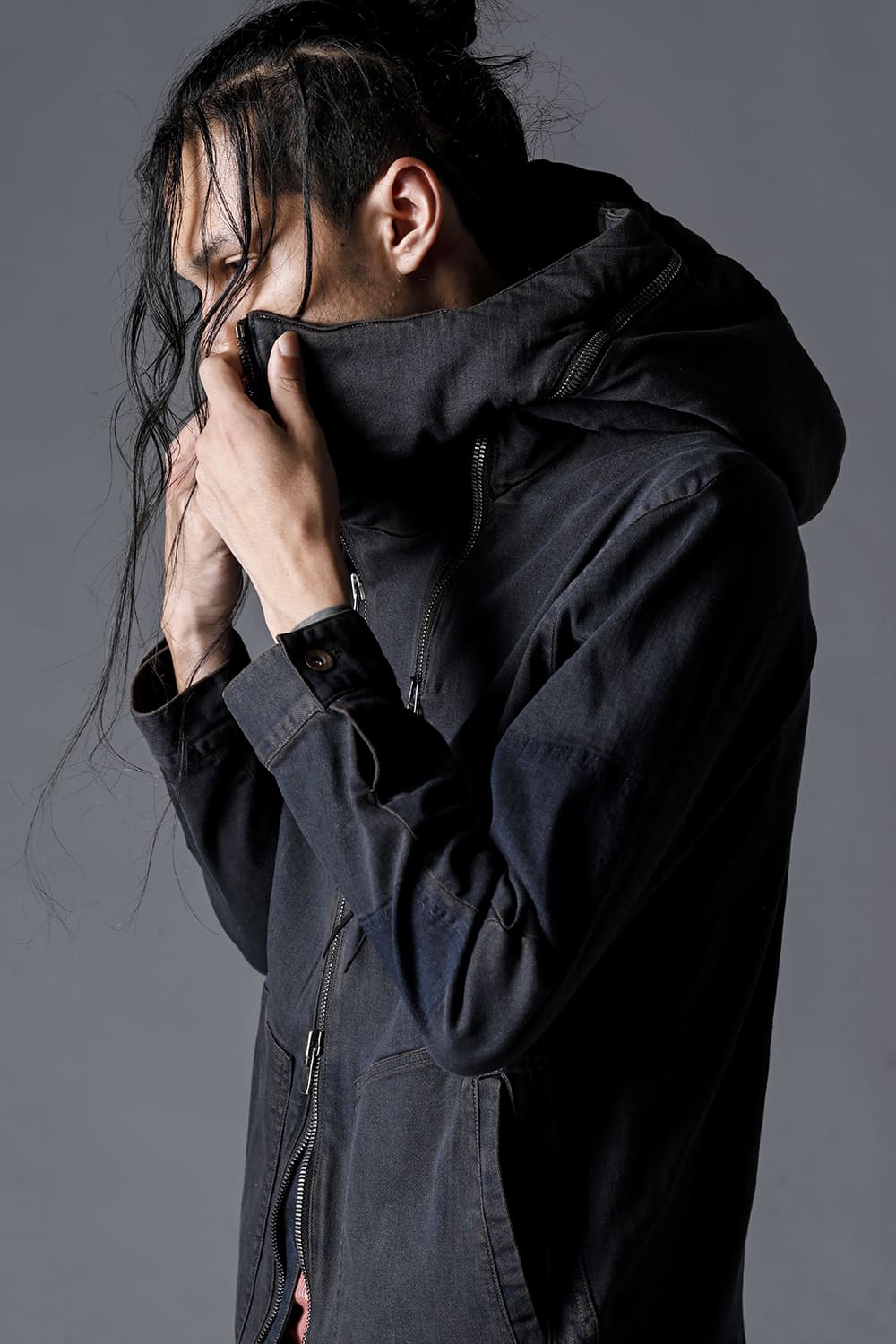 Mud-Finished 8Oz Light Stretch Denim Hooded Jacket Mud Indigo Brown