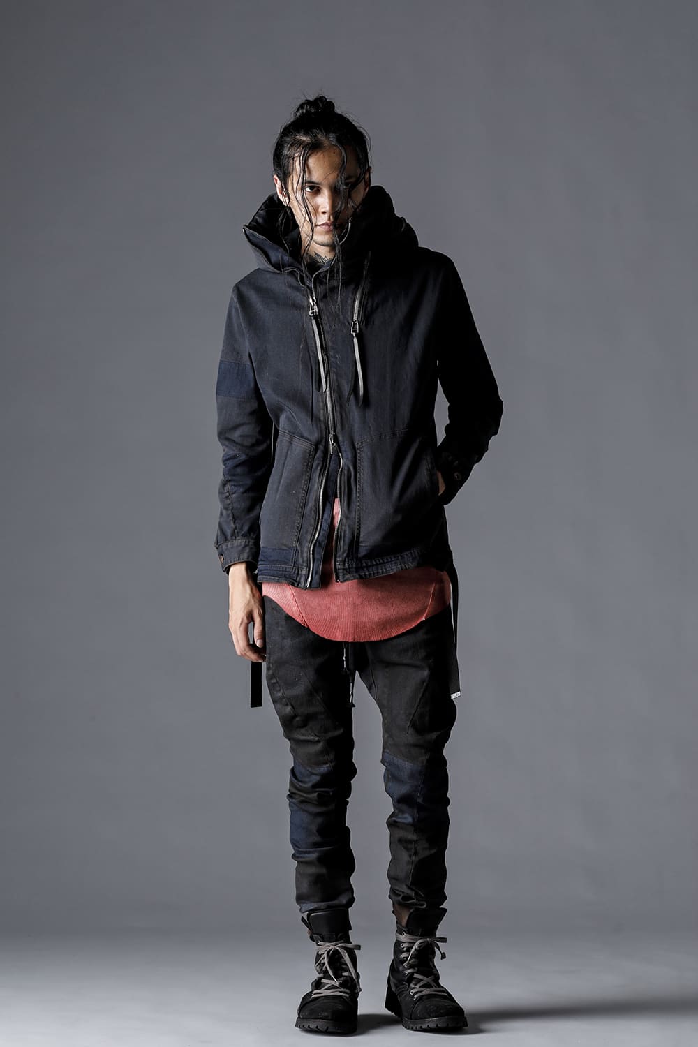 Mud-Finished 8Oz Light Stretch Denim Hooded Jacket Mud Indigo Brown