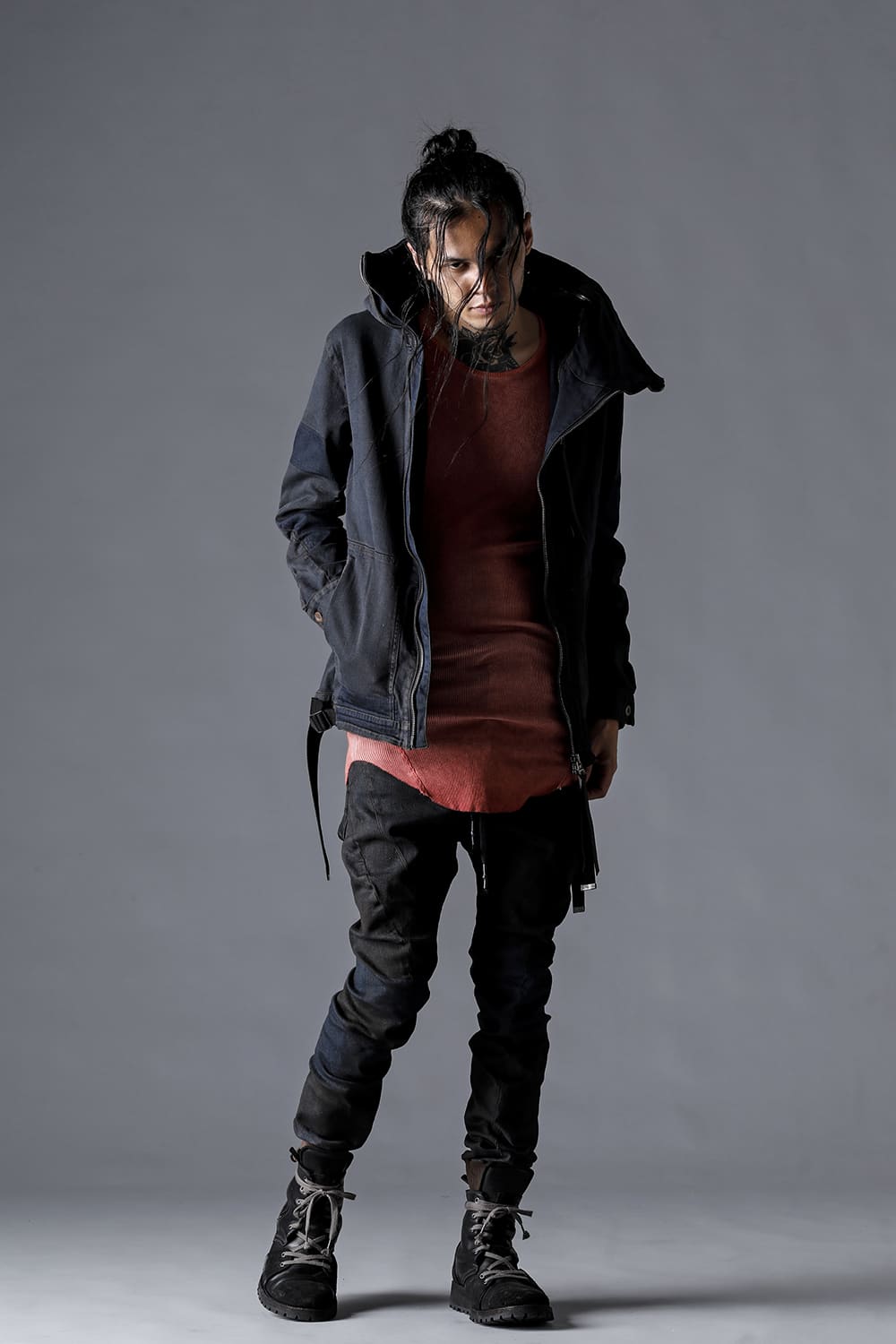 Mud-Finished 8Oz Light Stretch Denim Hooded Jacket Mud Indigo Brown