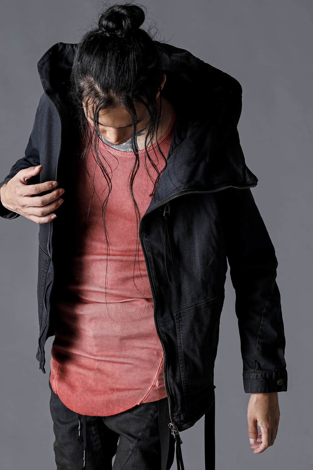 Mud-Finished 8Oz Light Stretch Denim Hooded Jacket Mud Indigo Brown