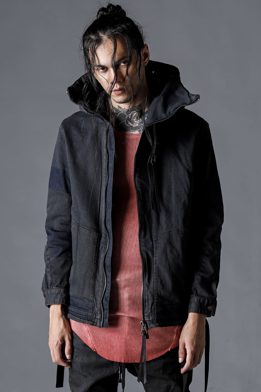 Mud-Finished 8Oz Light Stretch Denim Hooded Jacket Mud Indigo Brown