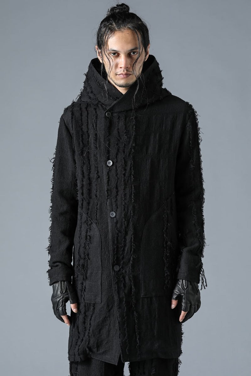 Wool SCAB Broken Stripe Jacquard Hooded Half Coat