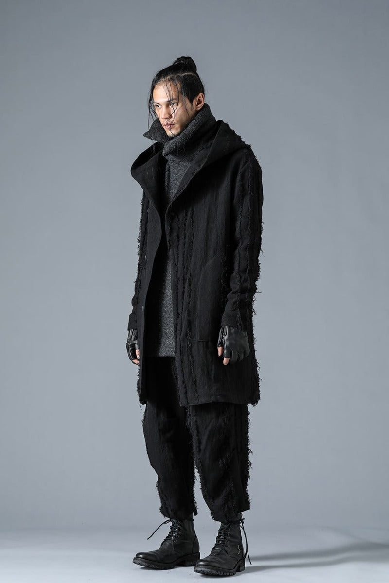 Wool SCAB Broken Stripe Jacquard Hooded Half Coat