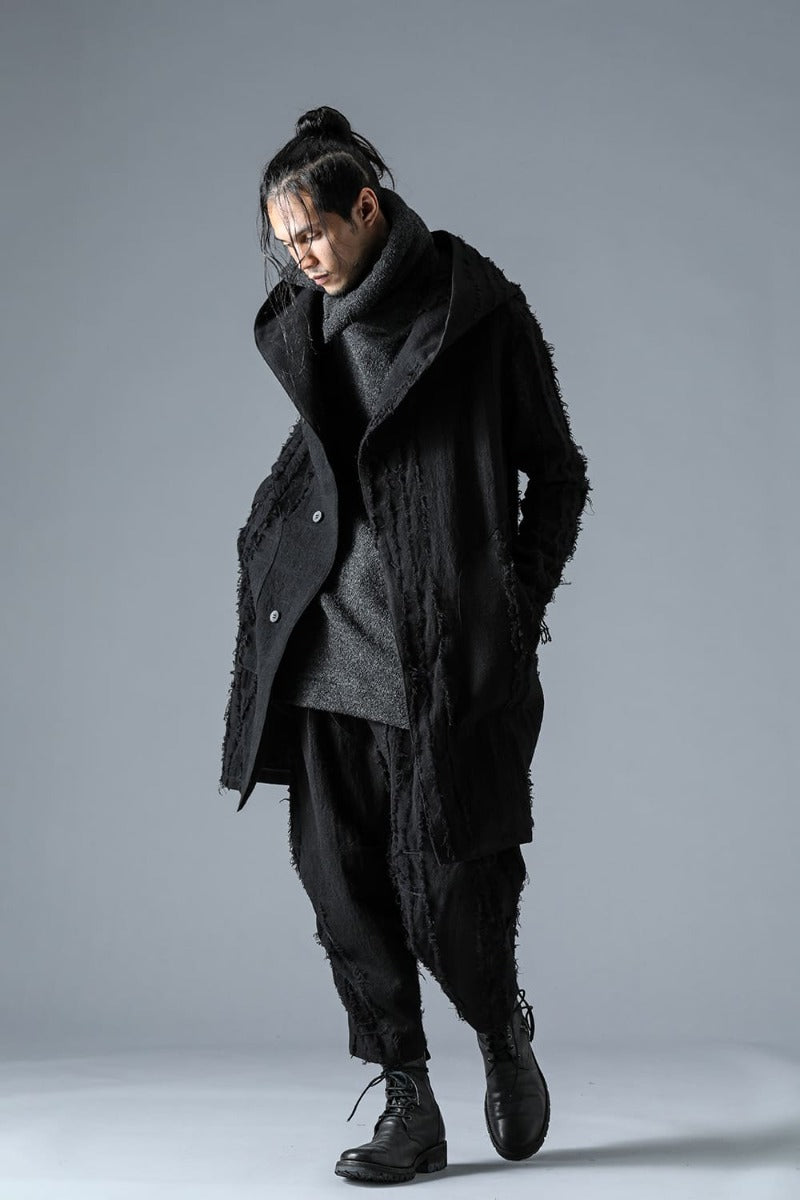 Wool SCAB Broken Stripe Jacquard Hooded Half Coat