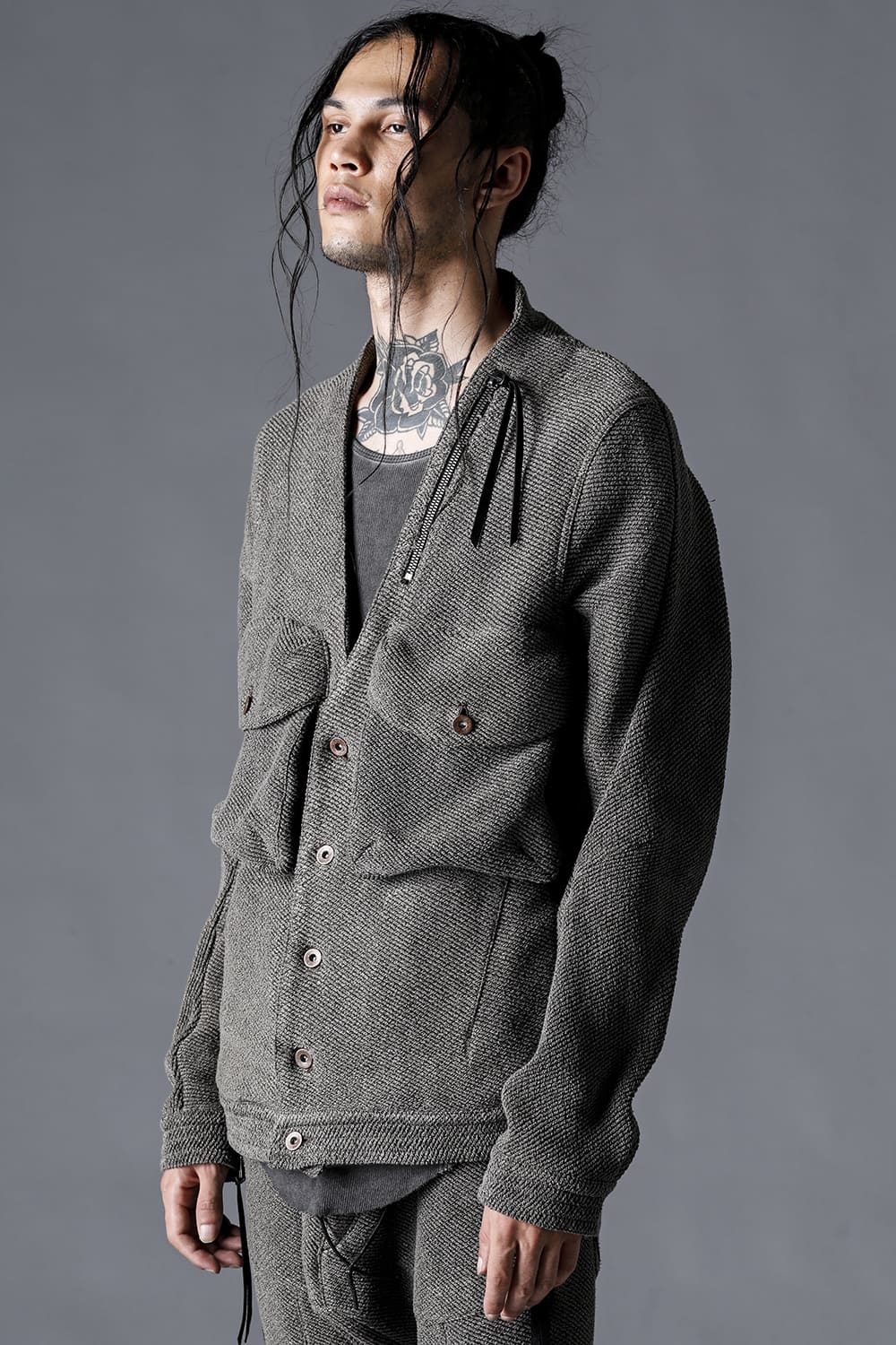 Washi×Cotton Tweed V-Neck Jacket Charcharcoal