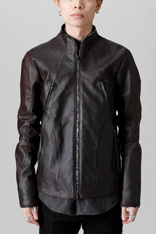 Horse Leather Round Zipper Jacket Red Black