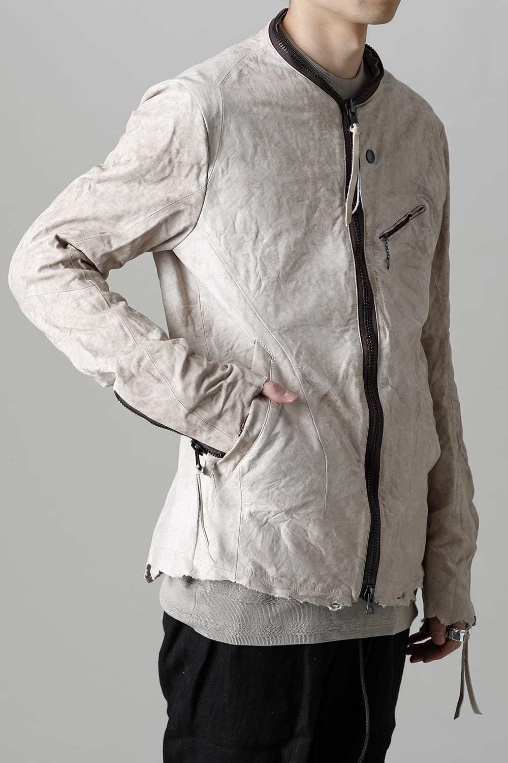 Rough Edge Horse Leather No Collar Jacket  Mud White