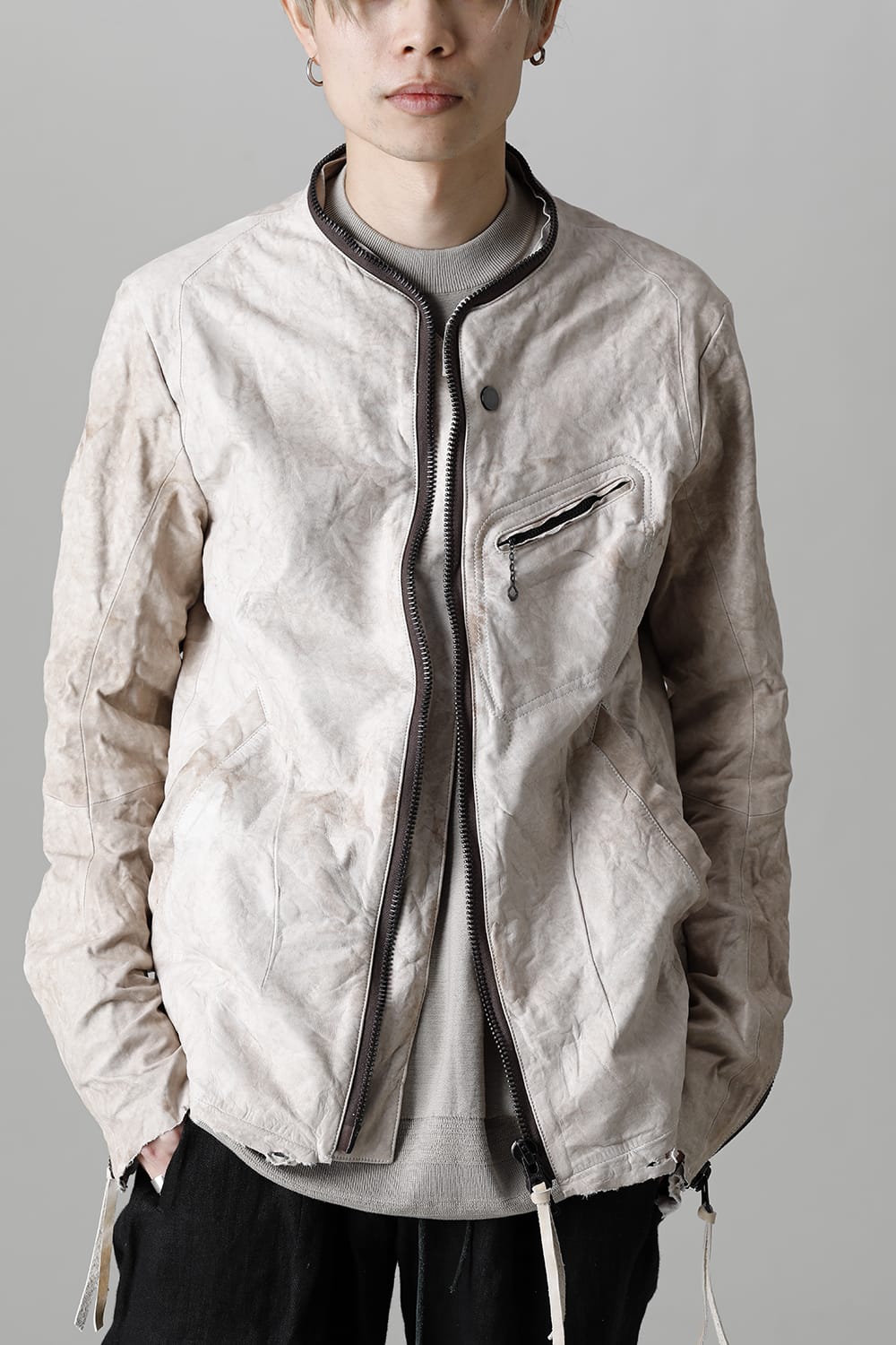 Rough Edge Horse Leather No Collar Jacket  Mud White