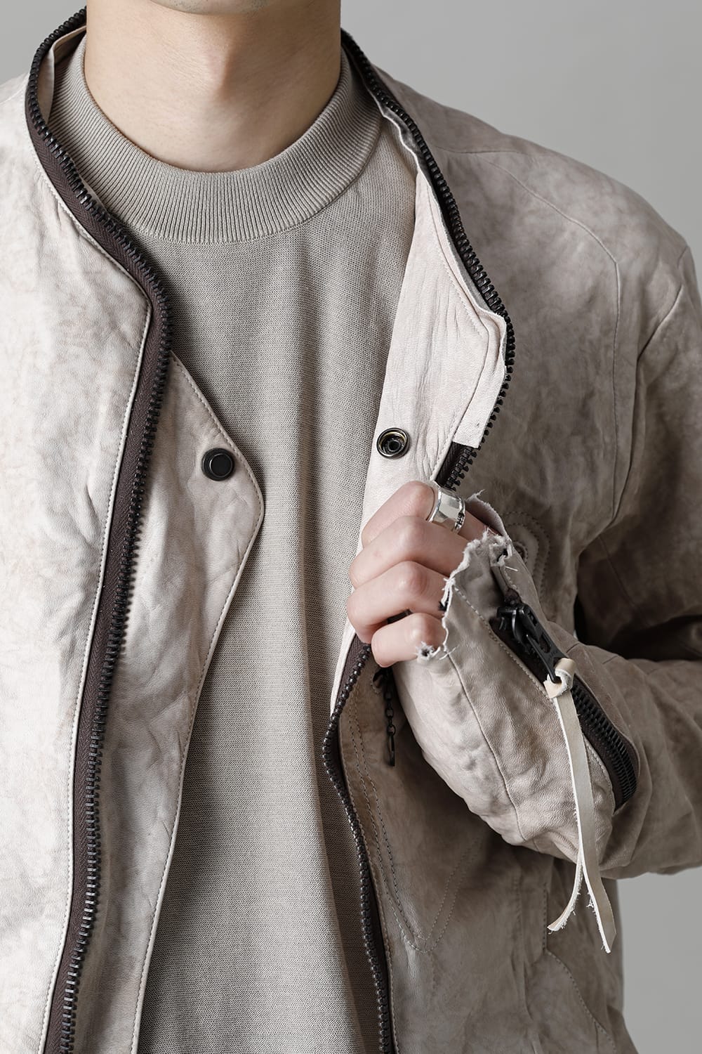 Rough Edge Horse Leather No Collar Jacket  Mud White